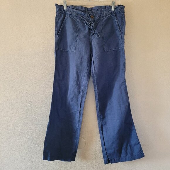 Vtg American Eagle Blue Linen Blend Pants Sz 2 Mid Rise Straight Flap Pocket Y2k - Picture 2 of 10